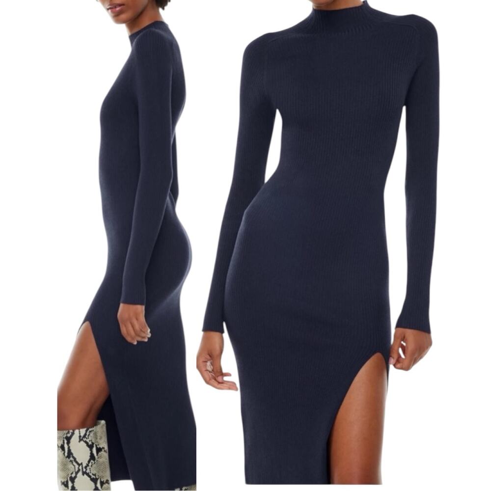 NWT Aritzia Wilfred Alchemy Sweater Dress XL Admiral Blue Ribbed Mock Midi Slit